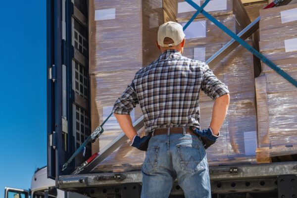 A trucker looking at a secured load in his trailer before locking the trailer door